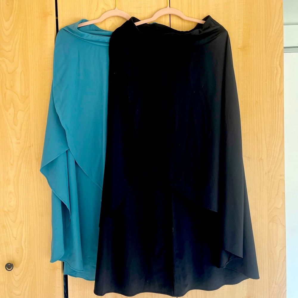 HALARA Black and Blue 2 Asymmetrical Maxi Skirt with shorts underneath.